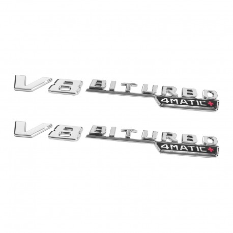 Set 2 embleme V8Biturbo 4Matic+, pentru aripa Mercedes, Chrom